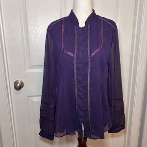 Coldwater Creek Women's Blouse Purple Medium Sheer Long Sleeve Office